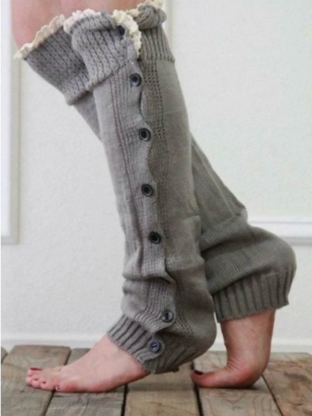 Winter Womens Knitted Leg Warmers Warm High Knee Stocking Boot Button Long Sock